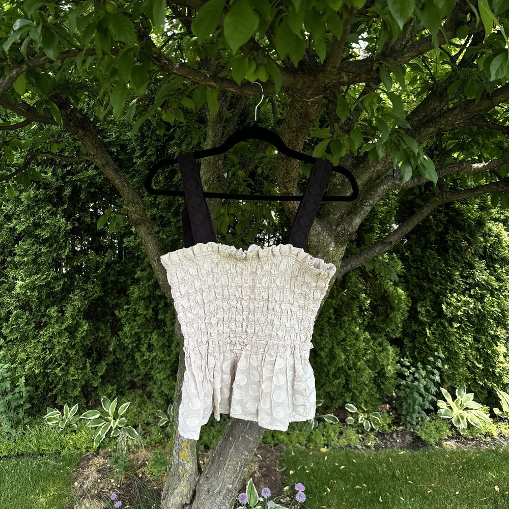 Textured Cream Smocked Peplum Top with Wide Straps